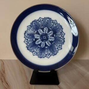 SET of 4 BOMBAY Salad Bread Dessert Plates Cobalt Blue White Rosette Silver Rim